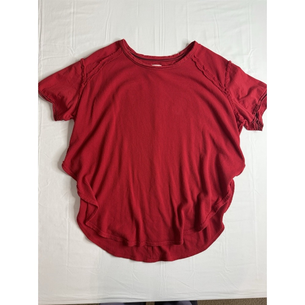We The Free Women's Organic Cotton Waffle Knit Ringer Tee Size XS/S Red Oversize